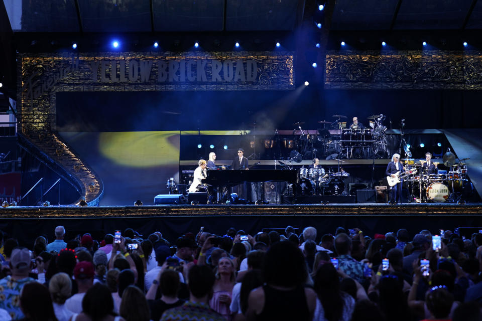 Elton John performs during his "Farewell Yellow Brick Road," tour, Friday, July 15, 2022, at Citizens Bank Park in Philadelphia. (AP Photo/Matt Rourke)