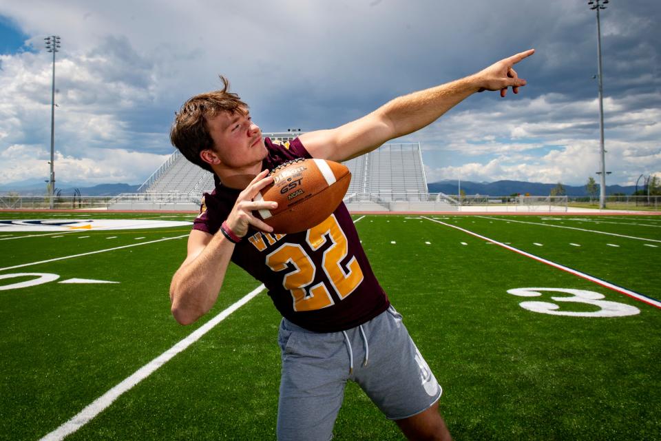 Windsor High School senior defensive back and running back Jaden Thomas poses for a portrait at Timnath Middle-High School's football field on Tuesday, Aug. 2, 2022.