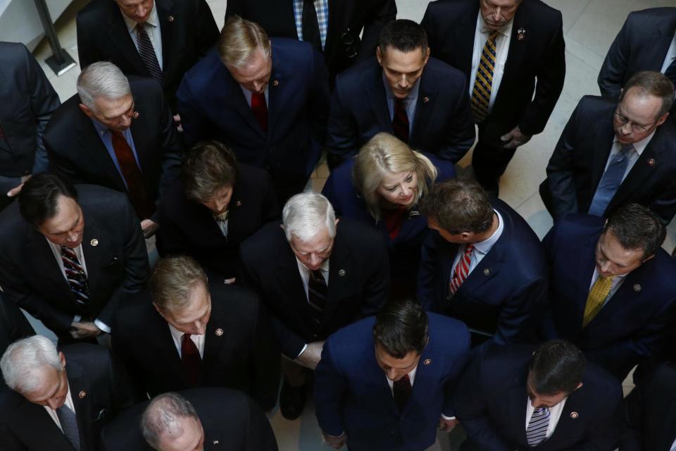 House Republicans gather as a closed-door meeting about the impeachment inquiry got under way , earlier this month (AP)