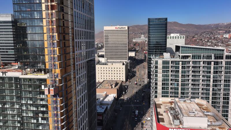 Salt Lake City’s downtown skyline on Tuesday, Jan. 30, 2024.  The Church of Jesus Christ of Latter-day Saints expressed support for efforts to revamp downtown Salt Lake City, which could include an NHL hockey arena.