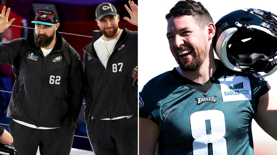 Super Bowl LVII will see brothers Travis and Jason Kelce will face off against one another, while Australian punter Arryn Sipposs will represent Philadelphia. Pictures: Getty Images