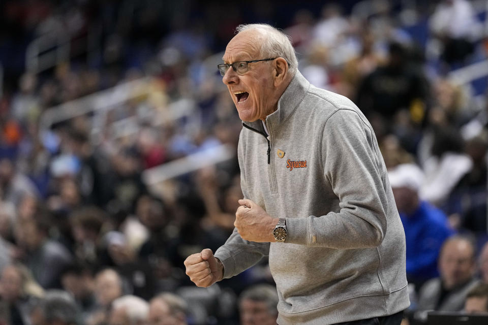 Syracuse head coach Jim Boeheim yells during the first half of an NCAA college basketball game against Wake Forest at the Atlantic Coast Conference Tournament, Wednesday, March 8, 2023, in Greensboro, N.C. (AP Photo/Chris Carlson)