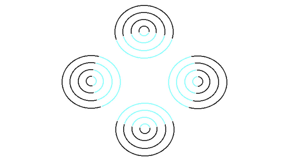  An example of a neon colour spreading optical illusion that shows the appearance of what looks like a white circle on a background of black and blue lines. 