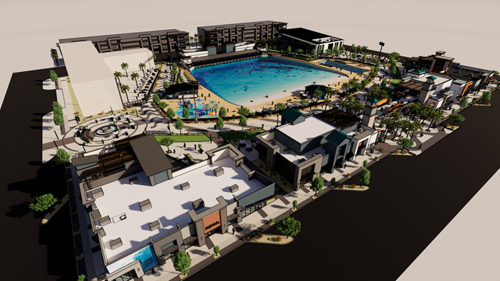 A rendering of Revel Surf Park, expected to open in spring 2024 at the Cannon Beach multiuse project in Mesa.