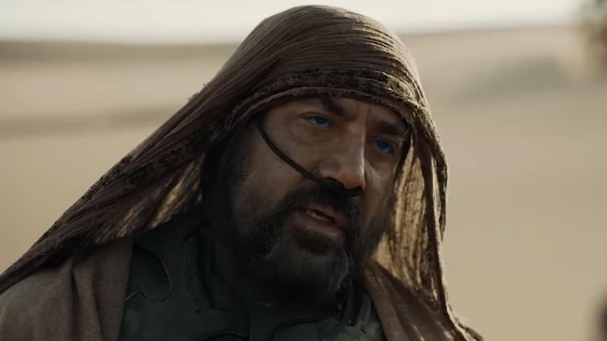  Javier Bardem in Dune with a hood on. 