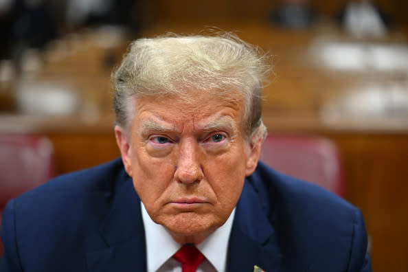 Former US President Donald Trump at Manhattan criminal court in New York, US, on Monday, April 15, 2024. Jury selection beings Monday in Trump’s criminal trial where he faces 34 felony counts of falsifying business records as part of an alleged scheme to silence claims of extramarital sexual encounters during his 2016 presidential campaign. Photographer: Angela Weiss/AFP/Bloomberg via Getty Images