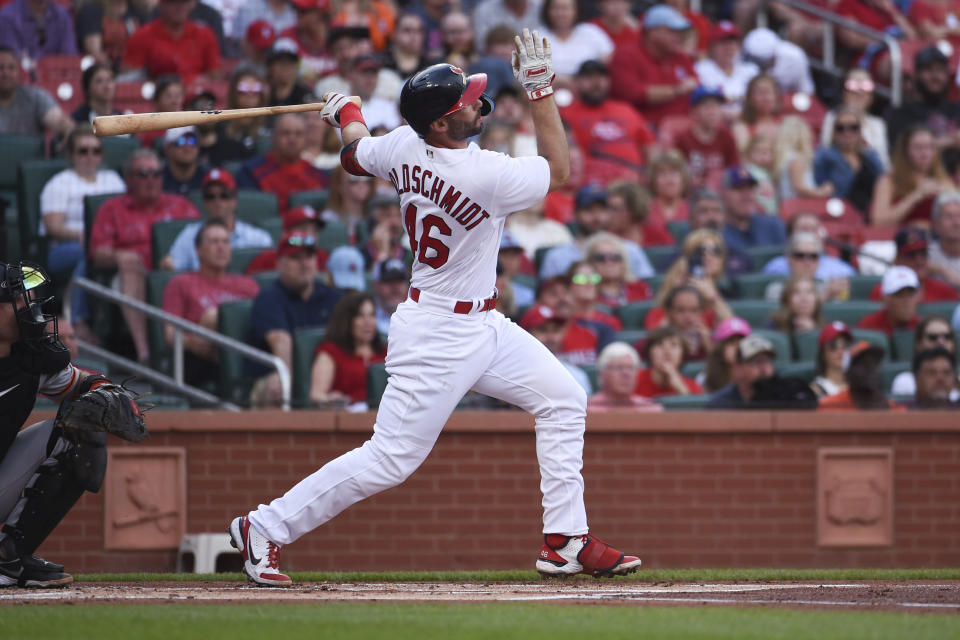 St. Louis Cardinals' Paul Goldschmidt (46) watches his two-run home run during the first inning of a baseball game against the San Francisco Giants on Sunday, May 15, 2022, in St. Louis. (AP Photo/Joe Puetz)