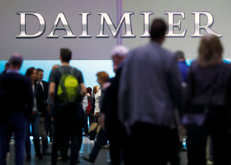 The Daimler logo is seen before the Daimler annual shareholder meeting in Berlin, Germany, April 5, 2018. REUTERS/Hannibal Hanschke