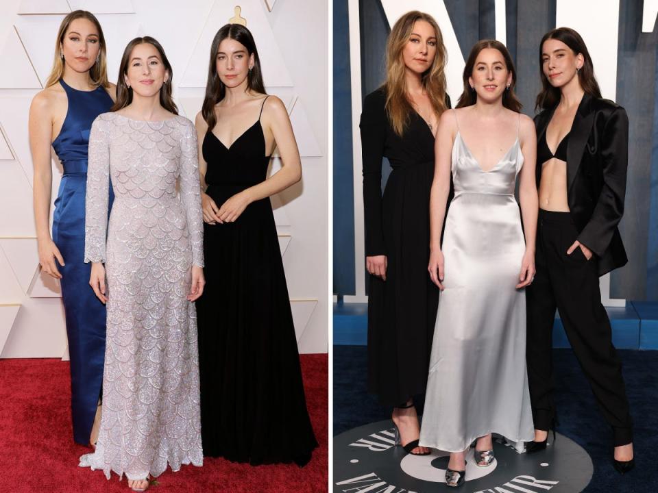 Haim at the 2022 Oscars (left) and the band at the after party (right).