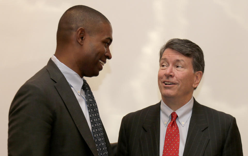 Republican U.S. Rep. John Faso, right, and his Democratic challenger, Antonio Delgado, talk after a candidate forum in Poughkeepsie, N.Y., Wednesday, Oct. 17, 2018. Hip-hop, health care and Brett Kavanaugh have emerged as issues in a too-close-to-call congressional race in New York’s Hudson Valley that pits the freshman Republican congressman against a rapper-turned-corporate lawyer seeking his first political office. (AP Photo/Seth Wenig)