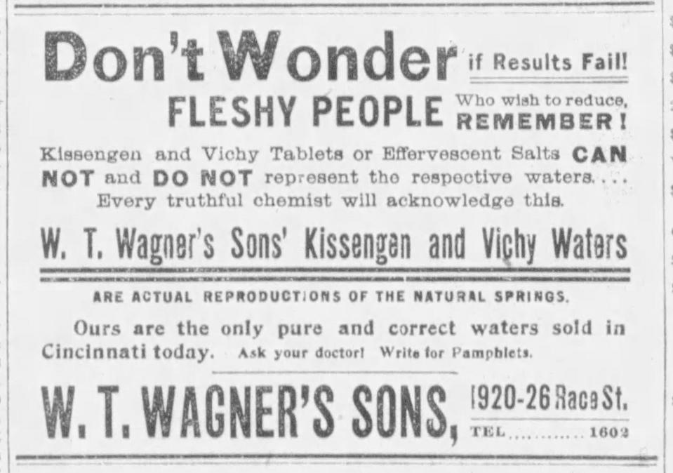 W.T. Wagner’s Sons advertises Kissengen and Vichy mineral waters in an 1899 ad in the Kentucky Post.