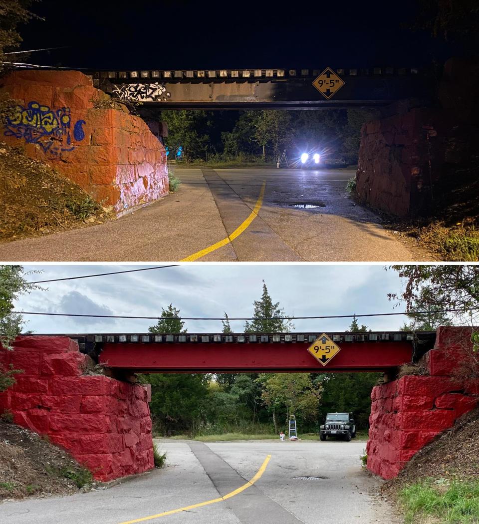 A before-and-after look at the entrance to Common Fence Point after resident Karyn Jimenez-Elliott gave it a fresh paint job on Sunday, Sept. 25, 2022.