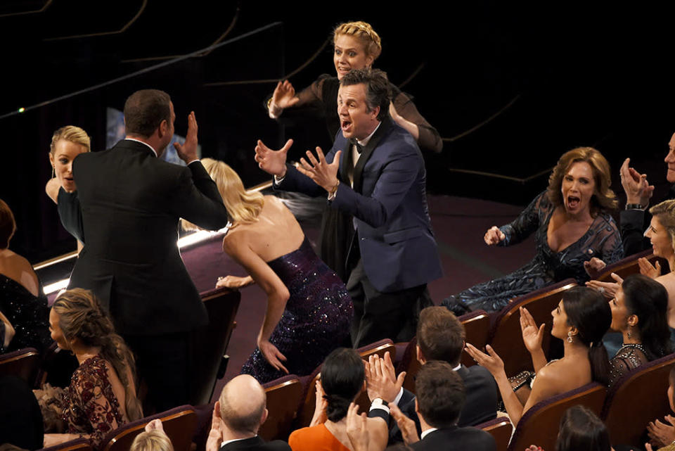 Mark Ruffalo reacts in the audience after "Spotlight” won the award for best picture at the Oscars on Sunday, Feb. 28, 2016, at the Dolby Theatre in Los Angeles. 