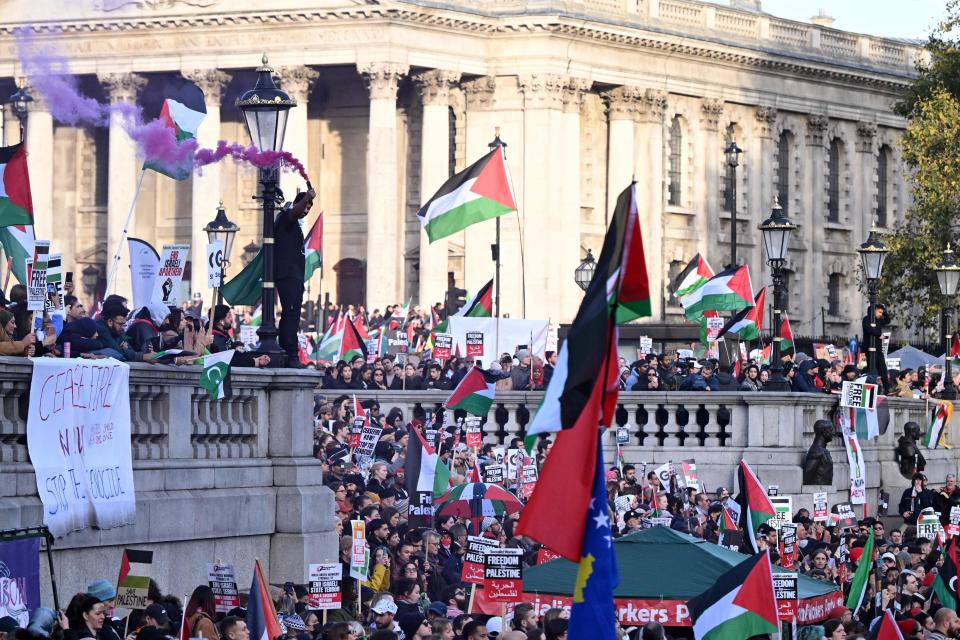 Protesters gather with placards and flags during the 'London Rally For Palestine' in Trafalgar Square, central London, on Nov. 4, 2023, calling for a ceasefire in the conflict between Israel and Hamas. Thousands of civilians, both Palestinians and Israelis, have died since Oct. 7, 2023, after Palestinian Hamas militants based in the Gaza Strip entered southern Israel in an unprecedented attack, triggering a war declared by Israel on Hamas with retaliatory bombings on Gaza.