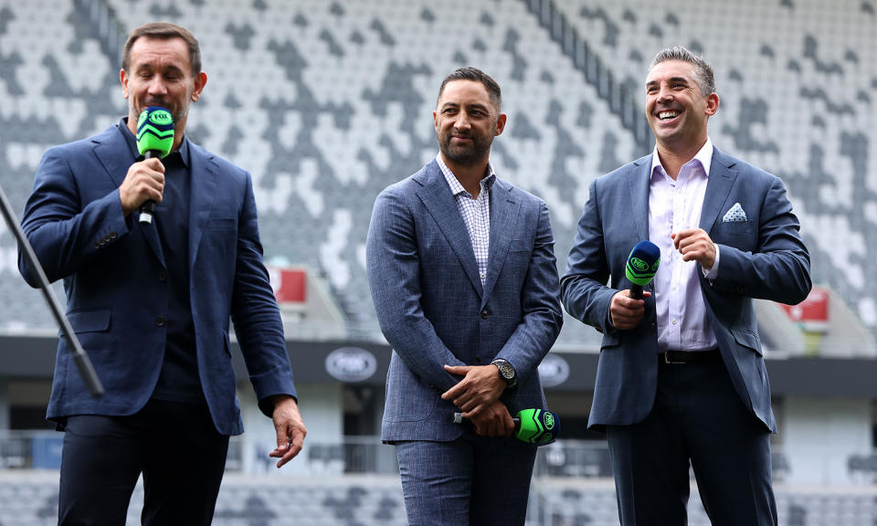 Matty Johns, Benji Marshall and Braith Anasta, pictured here at the Fox League launch for season 2022 at Comm Bank Stadium. 