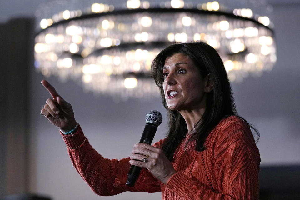 Republican presidential candidate former UN Ambassador Nikki Haley addresses a gathering during a campaign rally, Monday, Jan. 22, 2024, in Salem, N.H. (AP Photo/Charles Krupa)