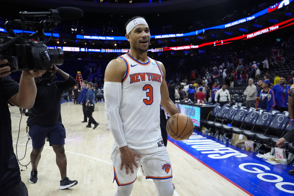 New York Knicks' Josh Hart reacts after winning Game 6 in an NBA basketball first-round playoff series against the Philadelphia 76ers, Thursday, May 2, 2024, in Philadelphia. (AP Photo/Matt Slocum)