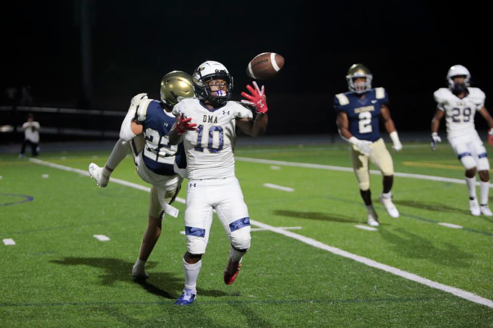 DMA's Saalem Frink makes a juggling catch against Salesianum on Aug. 31. Brad Myers is picking the Seahawks to earn a win at Delmar on Friday, while Kevin Tresolini and Matt Kalin are going with the home team.