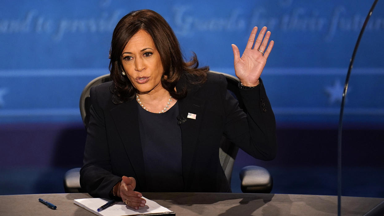 Democratic vice presidential candidate Sen. Kamala Harris, D-Calif., responds during the vice presidential debate with Vice President Mike Pence Wednesday, Oct. 7, 2020, at Kingsbury Hall on the campus of the University of Utah in Salt Lake City. (AP Photo/Julio Cortez)