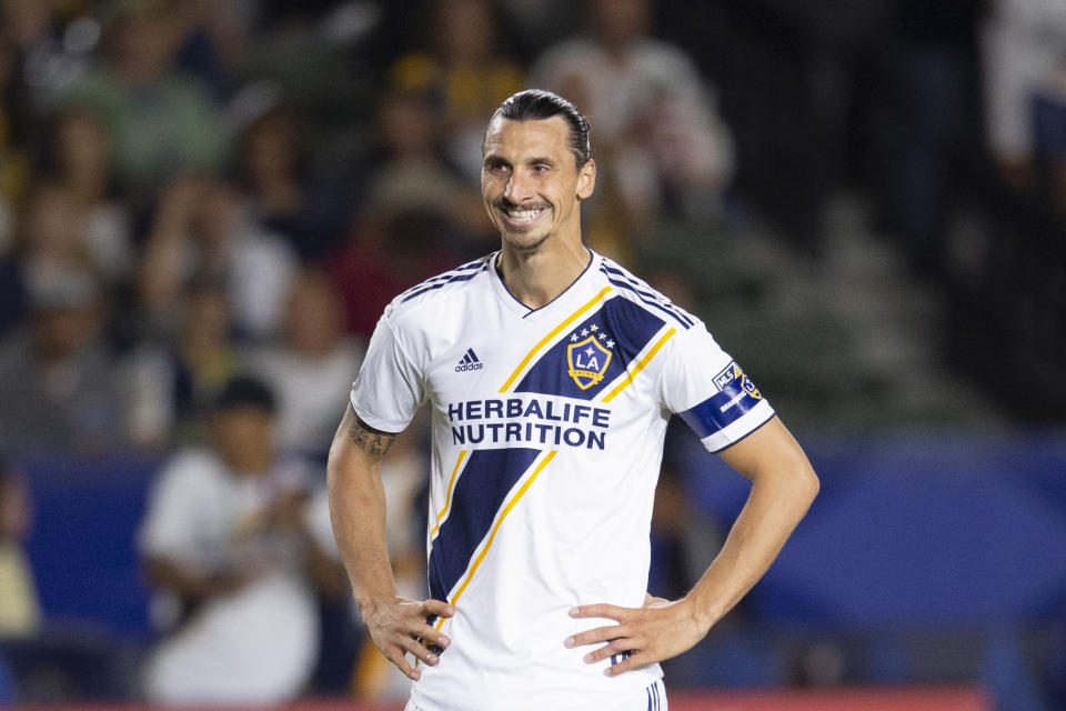 Jul 19, 2019; Carson, CA, USA; LA Galaxy forward Zlatan Ibrahimovic (9) reacts during the second half against the Los Angeles FC at Dignity Health Sports Park. Mandatory Credit: Kelvin Kuo-USA TODAY Sports