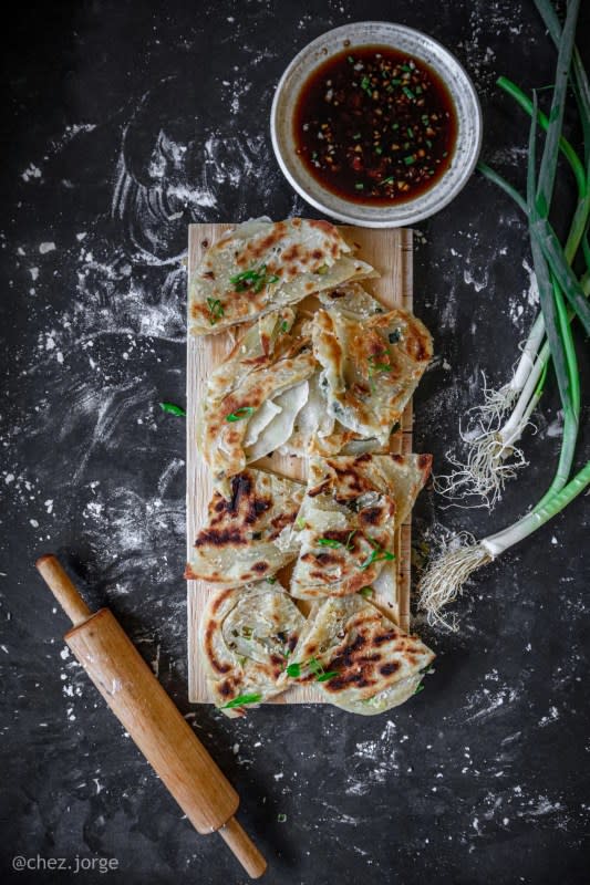 <p><strong>Get the recipe here: <a href="https://chejorge.com/2020/08/27/taiwanese-scallion-pancakes/" rel="nofollow noopener" target="_blank" data-ylk="slk:Scallion Pancakes;elm:context_link;itc:0;sec:content-canvas" class="link ">Scallion Pancakes</a></strong></p>