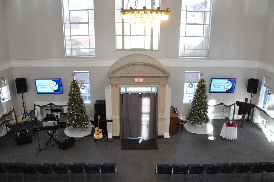 The view of the CenterPoint Church sanctuary from the second-floor balcony and office area in the former Citizens Bank building in downtown Smyrna.