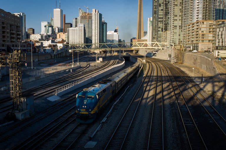 A VIA Rail train leaves Union Station on April 22, 2013 in Toronto, Ontario, Canada. Two foreign nationals have been arrested in Canada in connection with what federal police said was a plot backed by Al-Qaeda to derail a passenger train in the Toronto area