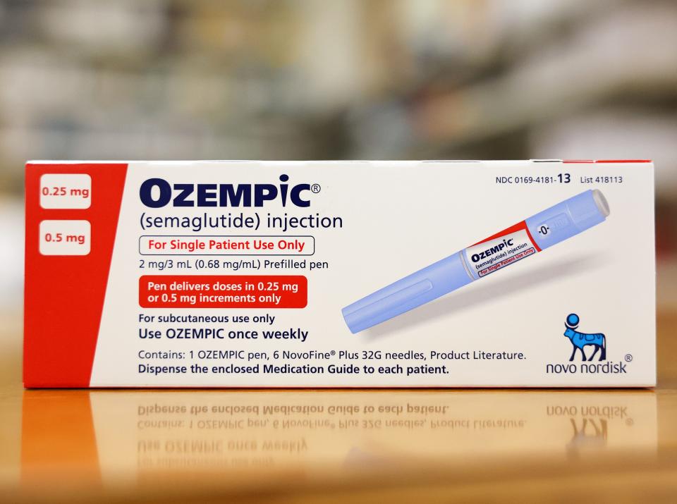LOS ANGELES, CALIFORNIA - APRIL 17: In this photo illustration, a box of the diabetes drug Ozempic rests on a pharmacy counter on April 17, 2023 in Los Angeles, California. Ozempic was originally approved by the FDA to treat people with Type 2 diabetes- who risk serious health consequences without medication. In recent months, there has been a spike in demand for Ozempic, or semaglutide, due to its weight loss benefits, which has led to shortages. Some doctors prescribe Ozempic off-label to treat obesity.