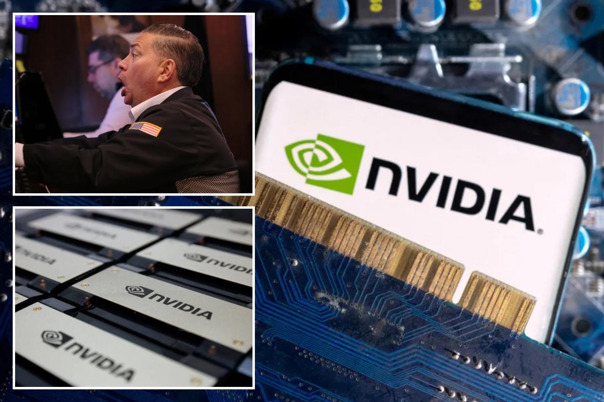 Nvidia logos and Wall Street trader