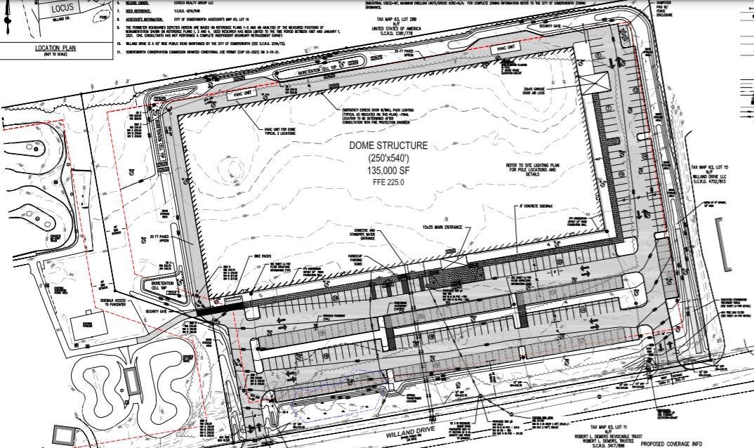 The site plan for a 135,000-square-foot sports dome complex proposed in Somersworth.