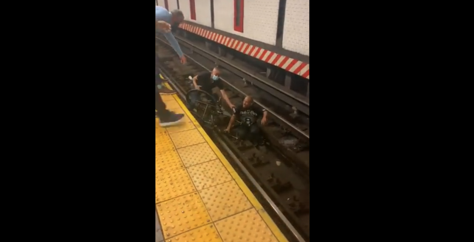 A man who uses a  wheelchair was saved by other passengers after falling on to the subway tracks at Union Square Station in New York City as a train was pulling in.  (Twitter/CBS)