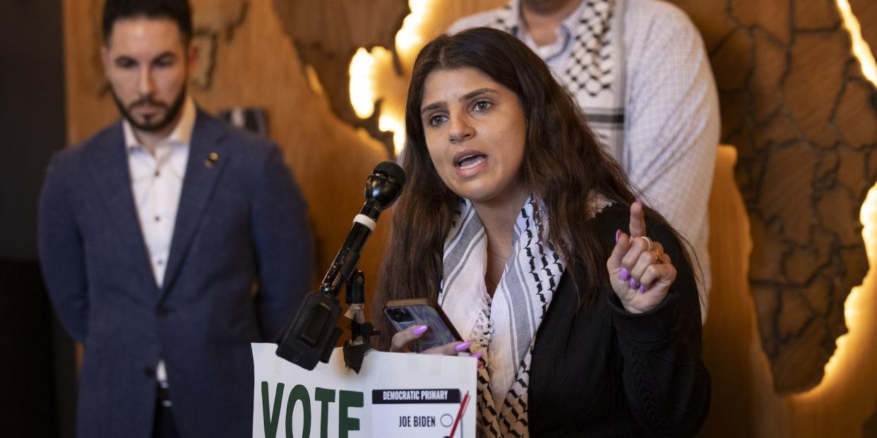 Lexi Zeidan, a leader of the "Listen to Michigan" effort, at a press conference in Dearborn last month.