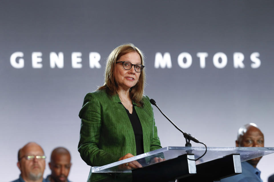 FILE - General Motors CEO Mary Barra speaks during the opening of contract talks with the United Auto Workers in Detroit on July 16, 2019. At $29.1 million, Barra was the second highest-paid female CEO for 2021, as calculated by The Associated Press and Equilar, an executive data firm. (AP Photo/Paul Sancya, File)