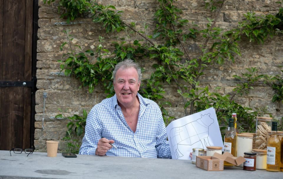 Jeremy Clarkson with his farm produce in Clarkson's Farm