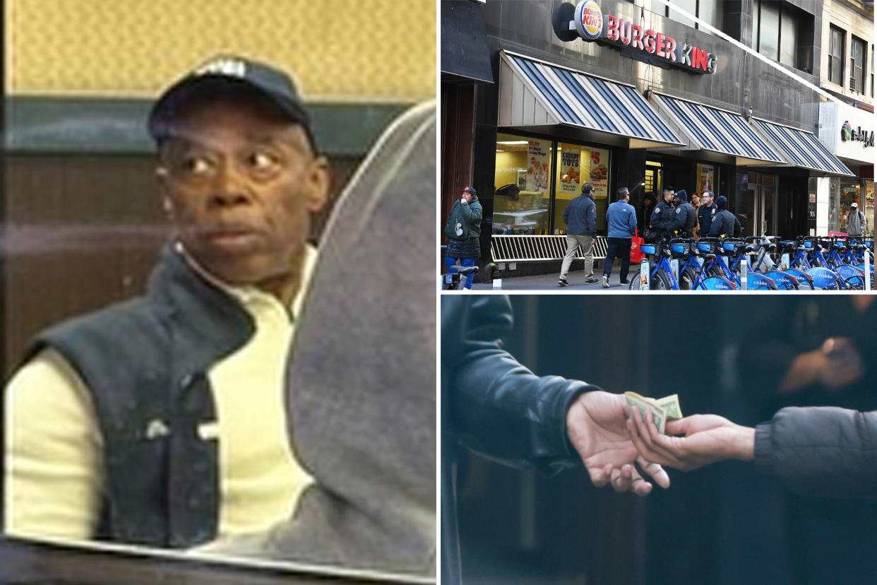 Composite image: left, Mayor Eric Adams in a dark blue baseball cap sitting inside the Burger King; uppr right the exterior of the Burger King; lower left, Two hands exchanging cash