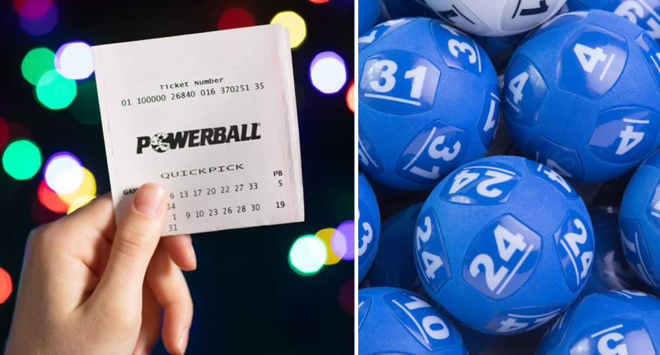 Left, a Powerball ticket is held up in front of a neon background which shines. Right, blue and white Powerball balls are stacked on top of each other. 