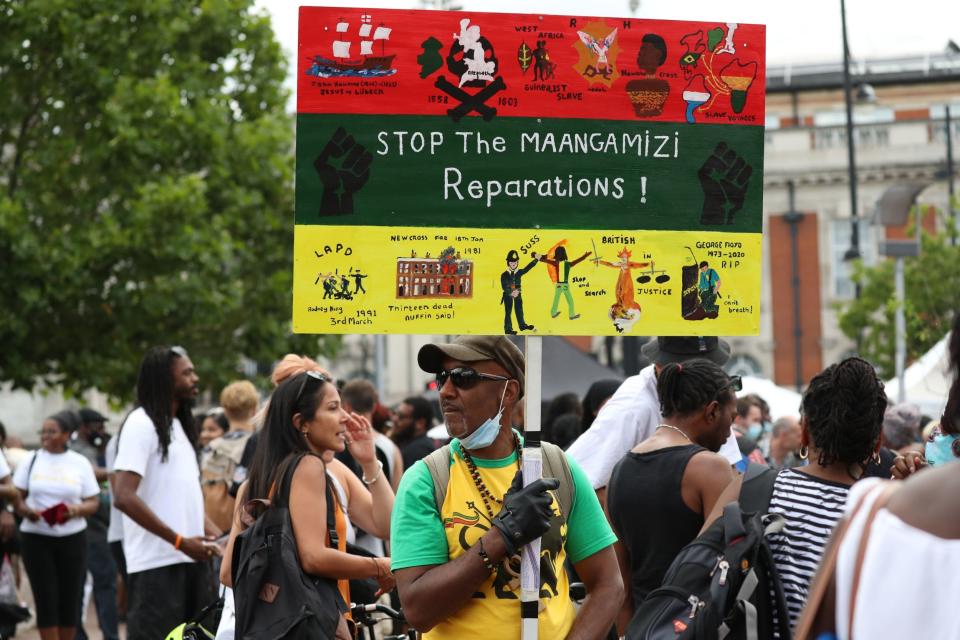 Protesters gathered in Windrush Square (PA)