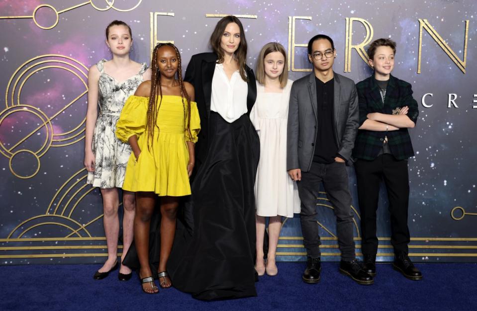 Angelina Jolie with children Shiloh, Zahara, Vivienne, Maddox and Knox (Tim P. Whitby/Getty Images)