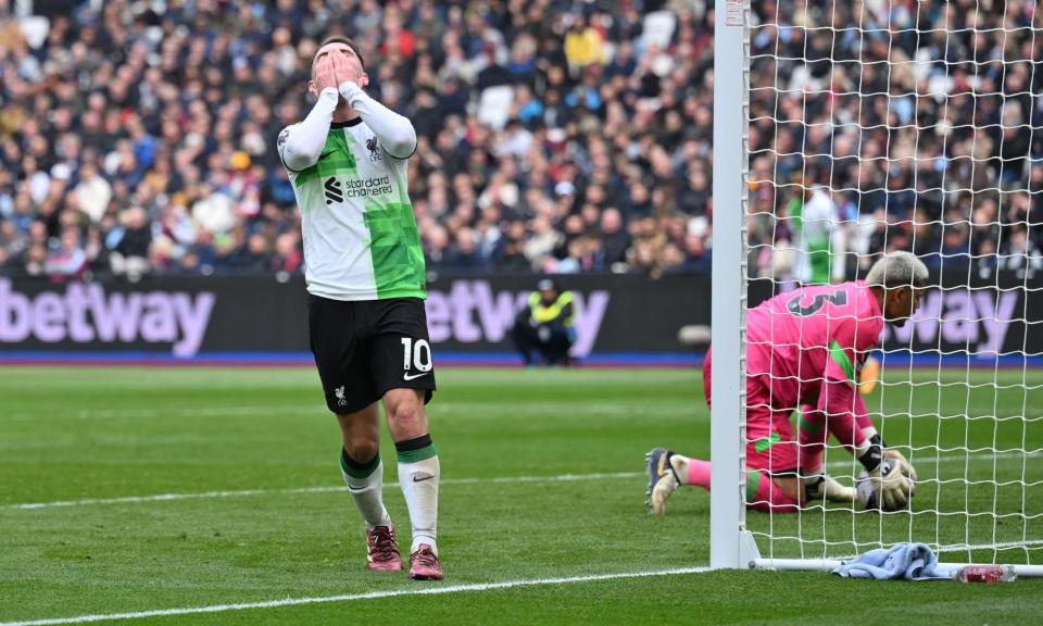 <span>Liverpool's Alexis Mac Allister misses a chance.</span><span>Photograph: Ashley Western/Colorsport/Shutterstock</span>