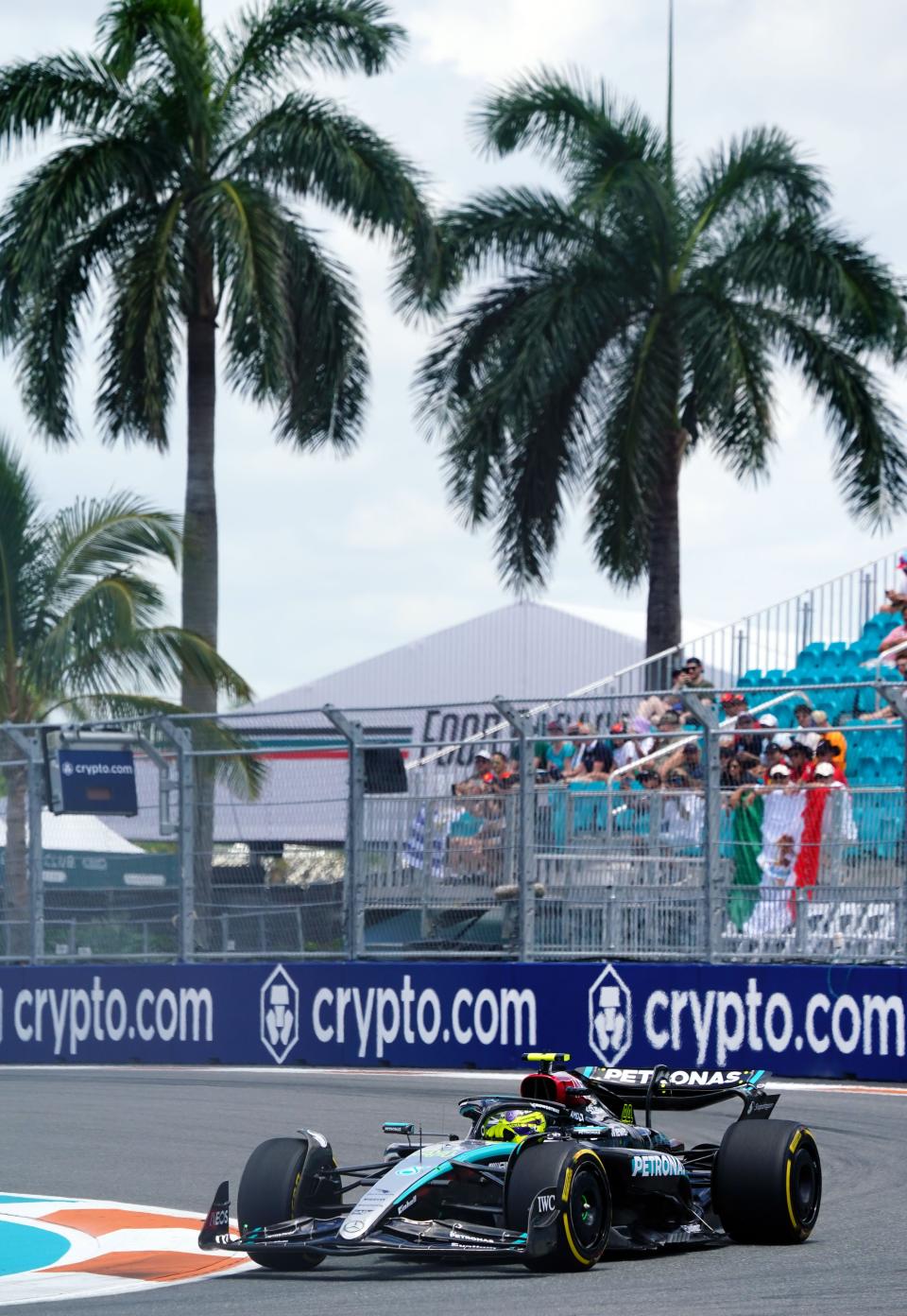 May 3, 2024; Miami Gardens, Florida, USA; Mercedes driver Lewis Hamilton (44) races into turn one during F1 practice at Miami International Autodrome. Mandatory Credit: John David Mercer-USA TODAY Sports