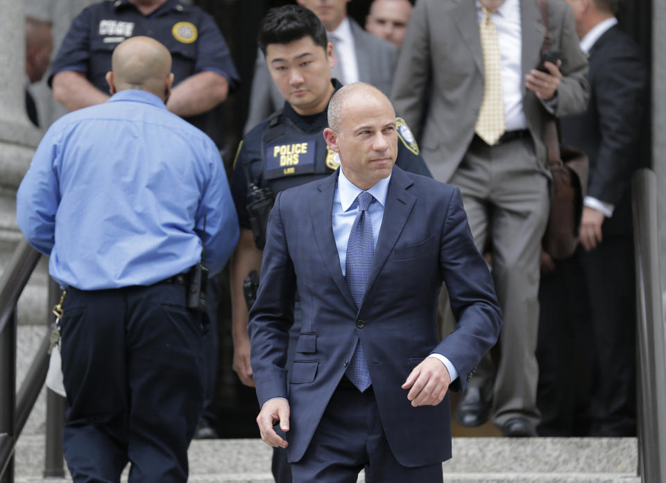 Attorney Michael Avenatti leaves a courthouse in New York, Tuesday, May 28, 2019, after pleading not guilty to charges that he defrauded his most famous client, porn star Stormy Daniels. (AP Photo/Seth Wenig)