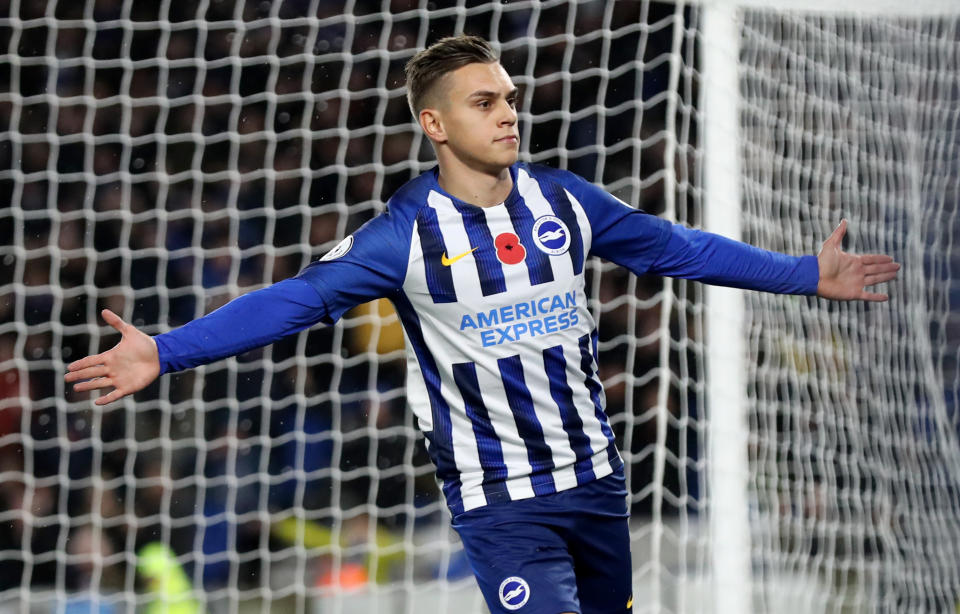 Brighton and Hove Albion's Leandro Trossard celebrates scoring his side's first goal of the game during the Premiership match at The AMEX Stadium, Brighton. (Photo by Gareth Fuller/PA Images via Getty Images)