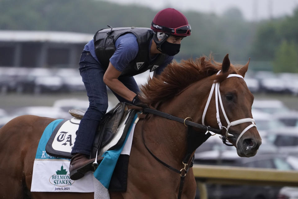 Known Agenda trains the day before the 153rd running of the Belmont Stakes horse race in Elmont, N.Y., Friday, June 4, 2021. (AP Photo/Seth Wenig)