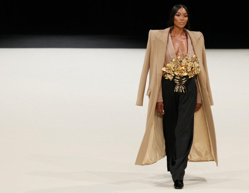 Naomi Campbell walking in Balman menswear Fall 2024