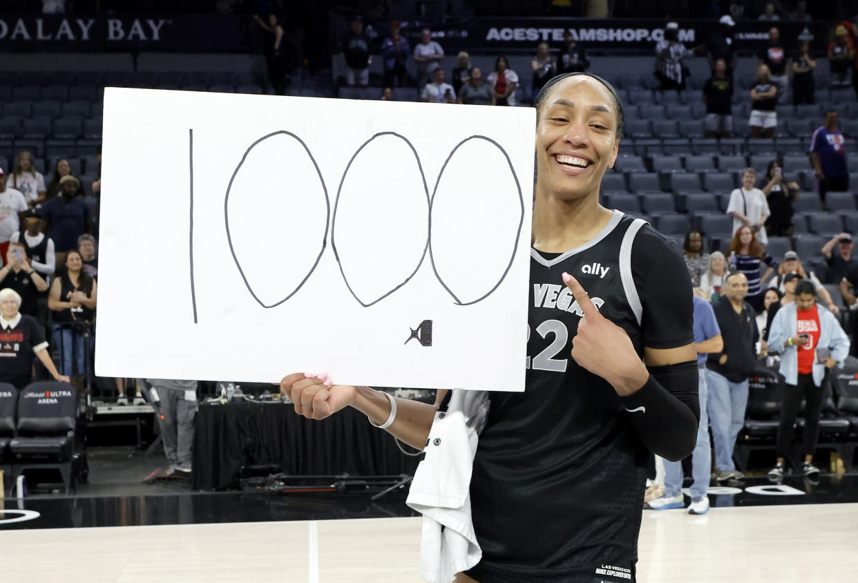 Las Vegas Aces center A'ja Wilson (22) poses after an WNBA basketball game against the Connecticut Sun, Sunday, Sept. 15, 2024, in Las Vegas.(Steve Marcus/Las Vegas Sun via AP)