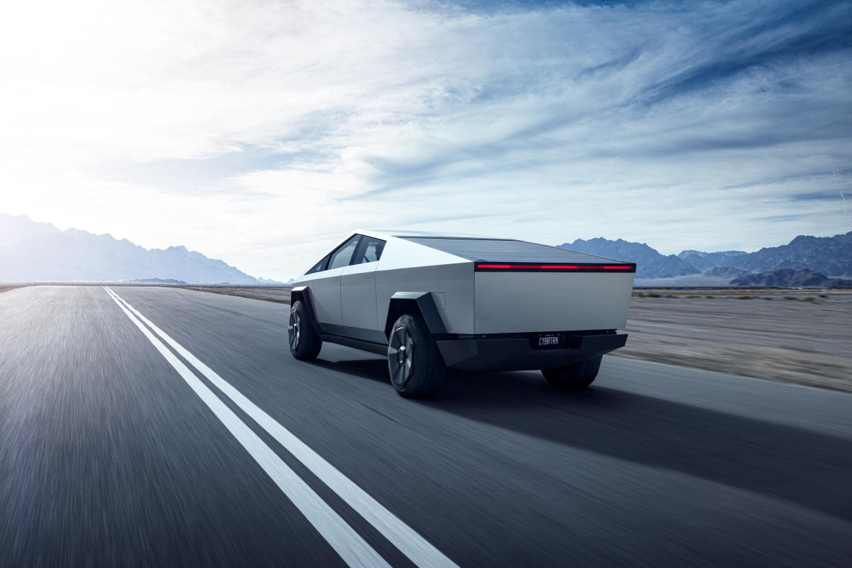  Tesla Cybertruck on road. 