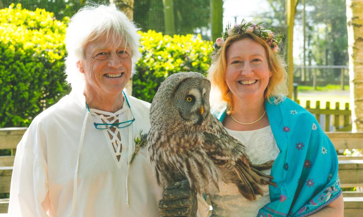 <span>Brett and Sarah with Walter the owl at their handfasting reception.</span><span>Photograph: Sarah Justine Packwood</span>