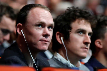 Cyclists Chris Froome and Geraint Thomas attend a news conference to unveil the itinerary of the 2019 Tour de France cycling race in Paris, France, October 25, 2018. REUTERS/Gonzalo Fuentes