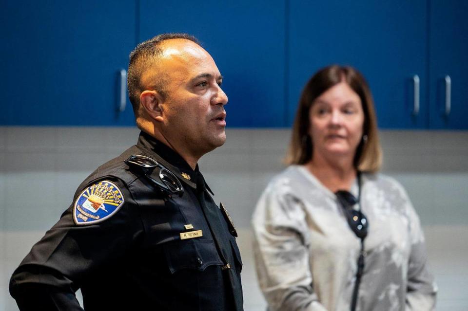 Then Los Banos Police Cmdr. Ray Reyna, gives a tour of the new Los Banos Police Department headquarters during a grand opening ceremony in Los Banos, Calf., on Friday, Nov. 3, 2023. In a separate ceremony Friday afternoon, Reyna was sworn in as the new Los Banos Police Chief.