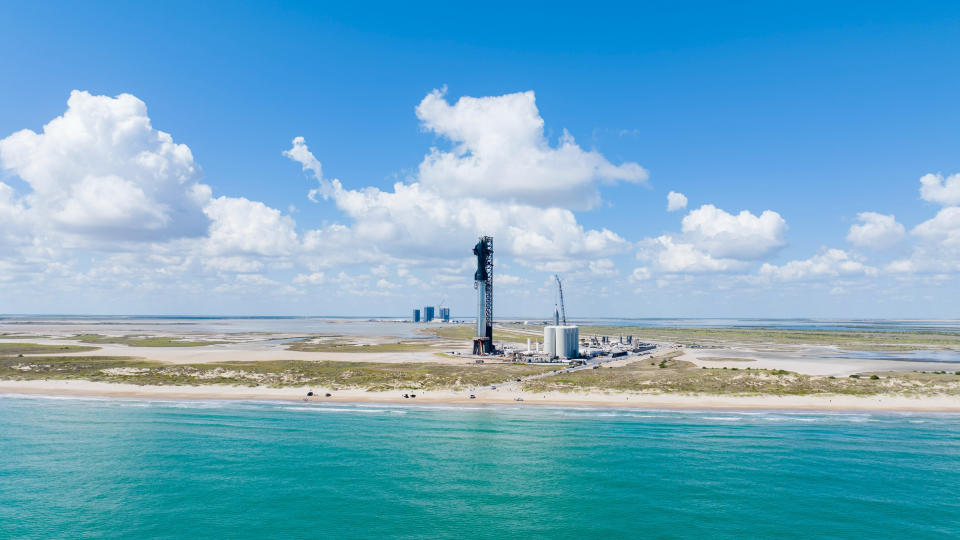 SpaceX's fully stacked Starship vehicle stands on the orbital launch mount at the Starbase site in South Texas in this photo, which the company posted on X on Sept. 30, 2023.